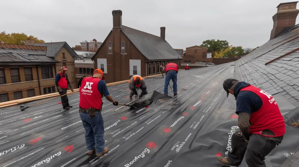 Professional roofing team working efficiently on roof replacement