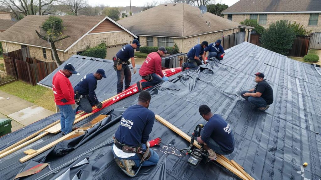 Commercial bitumen roofing installation on Brooklyn building with professional crew working
