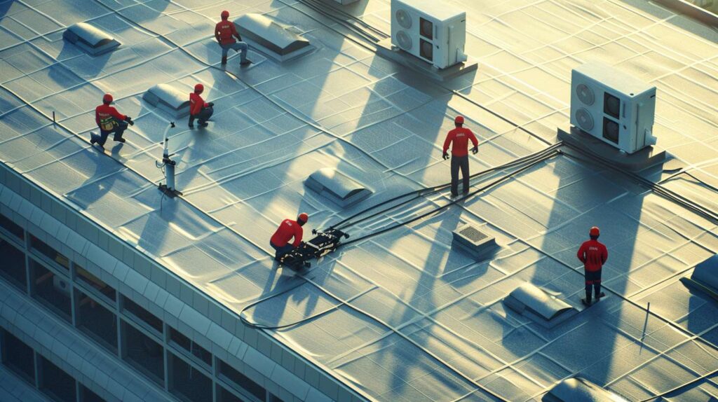 Brooklyn commercial flat roof installation with waterproof membrane and professional roofing crew working