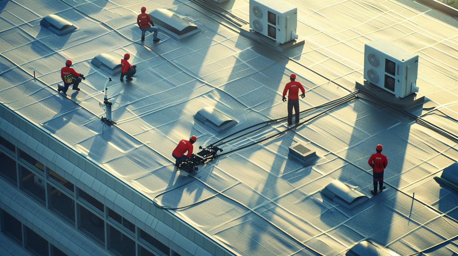 Brooklyn commercial flat roof installation with waterproof membrane and professional roofing crew working