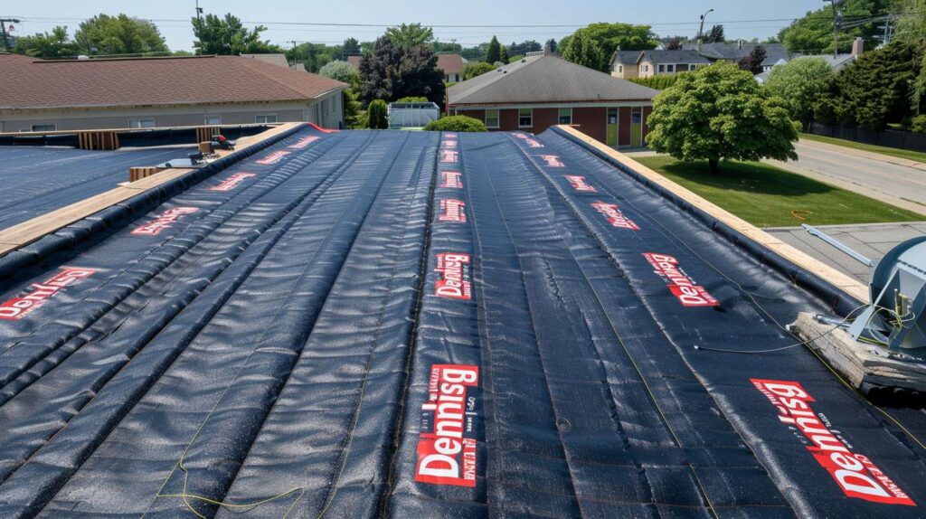 Commercial flat roof being replaced by roofing crew in Brooklyn with new membrane installation