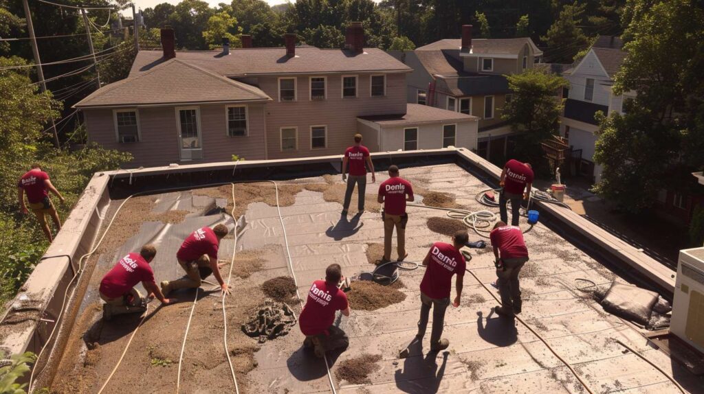 Commercial roofing contractor inspecting flat roof system on Brooklyn building