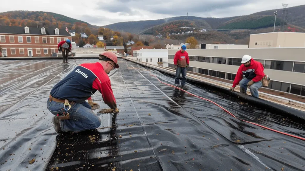 Roofers sealing flat roof seams for weatherproof protection
