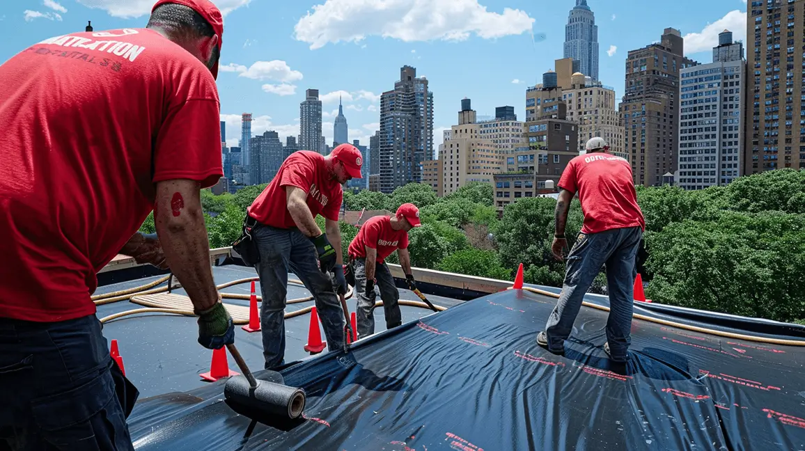 Roofers repairing commercial roof structure on business property