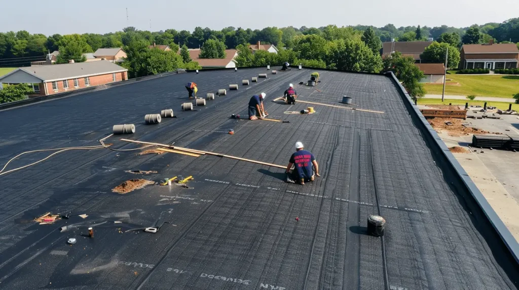 Commercial roofing team installing roofing materials on large building