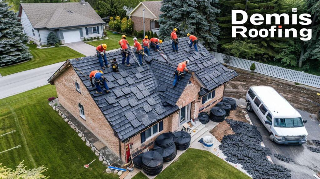 Professional roofing contractors installing new shingles on a Brooklyn residential building