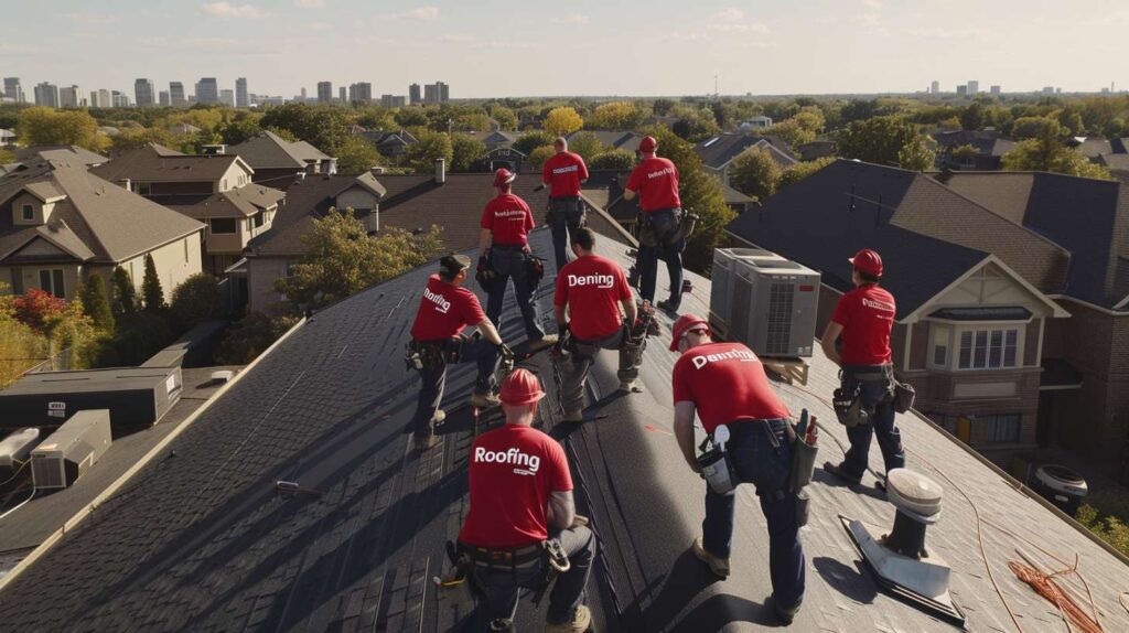 Roof repair technician working on shingles in Dumbo Brooklyn