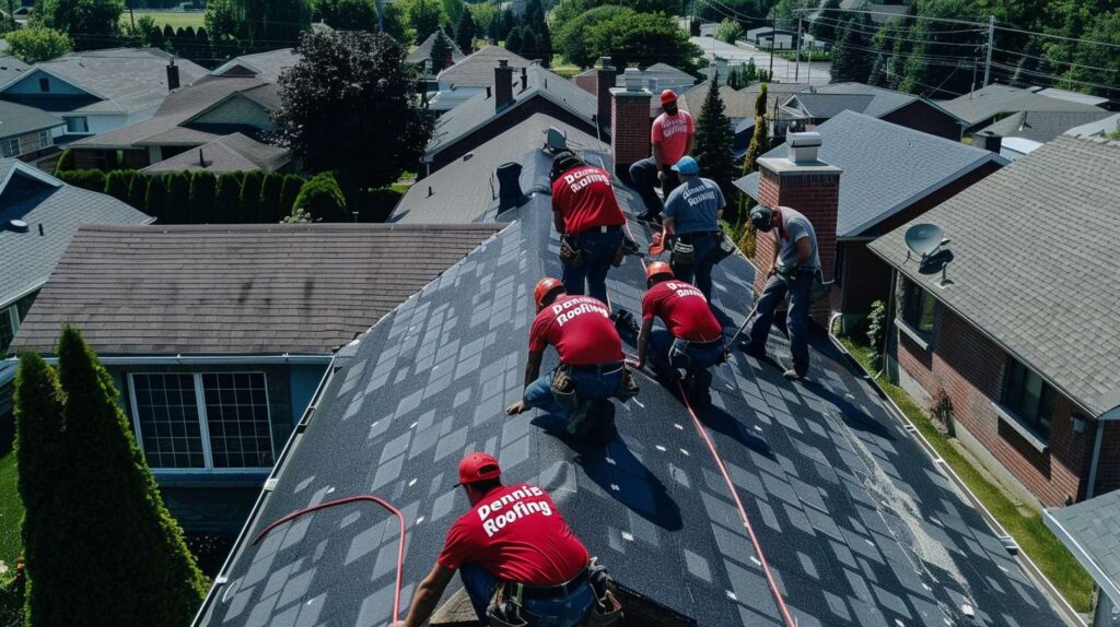 Professional roofing crew installing shingles on a residential home in East Williamsburg