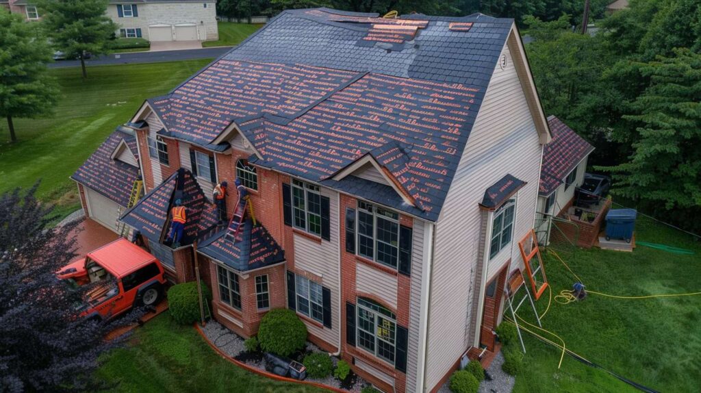 Brooklyn flat roof with workers replacing roofing materials and equipment on residential building