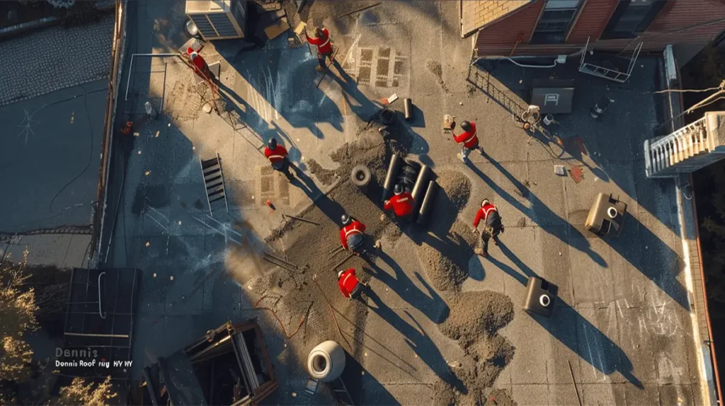 Roofers working on commercial roof with safety equipment and lifts