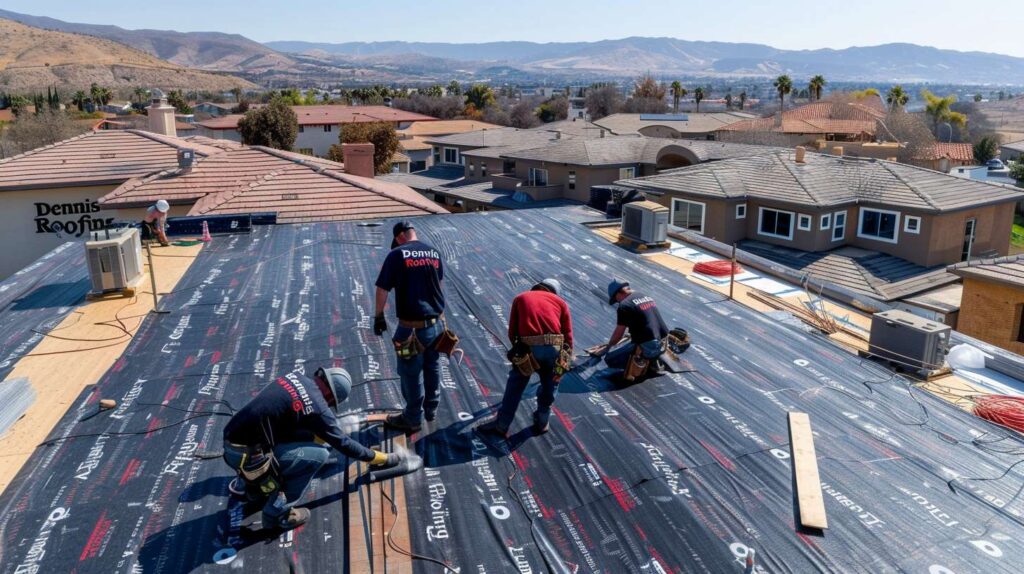 Brooklyn slate roof with workers replacing damaged tiles on historic brownstone building