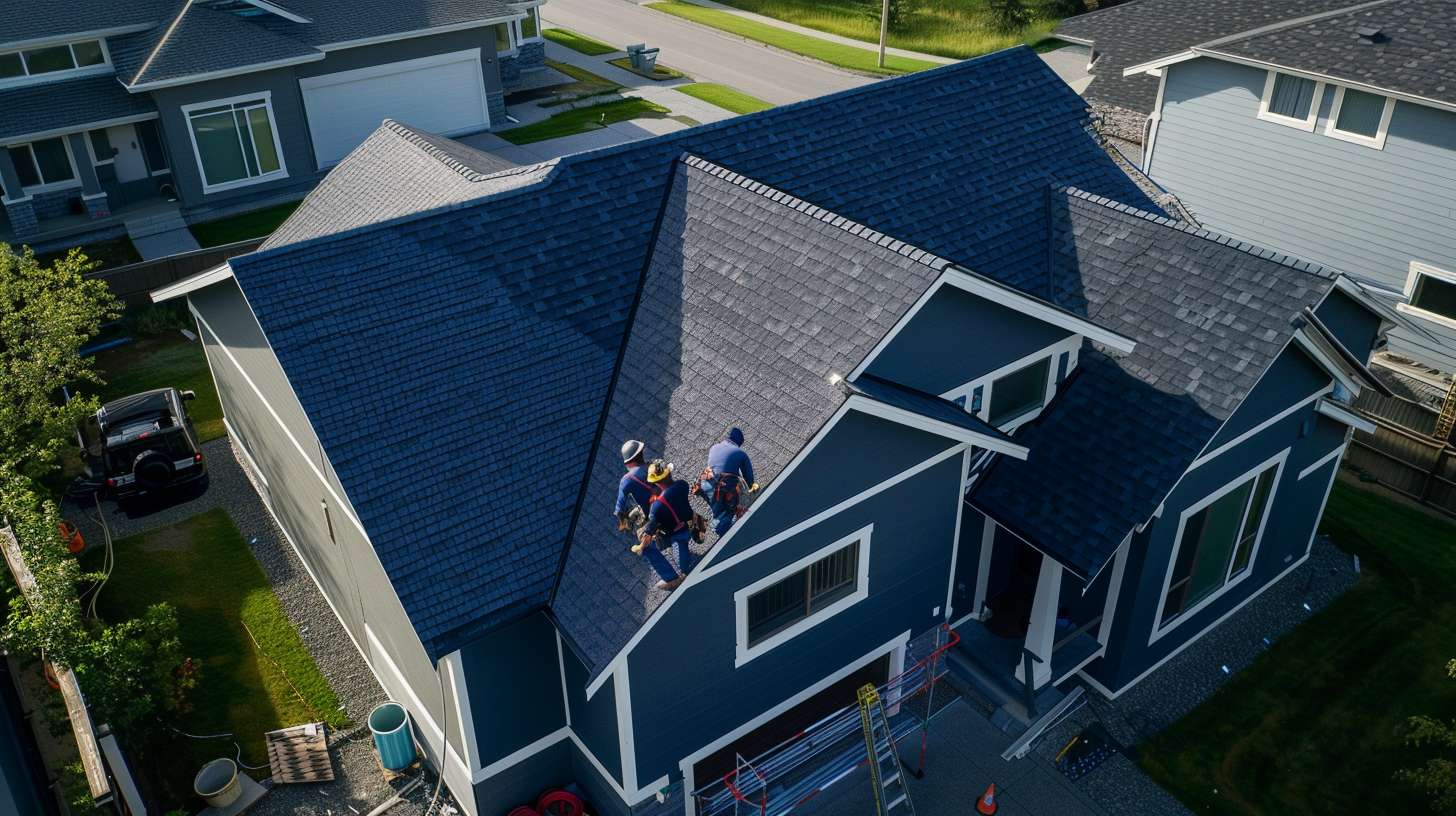 Roofing contractor inspecting shingles on a Brooklyn residential home