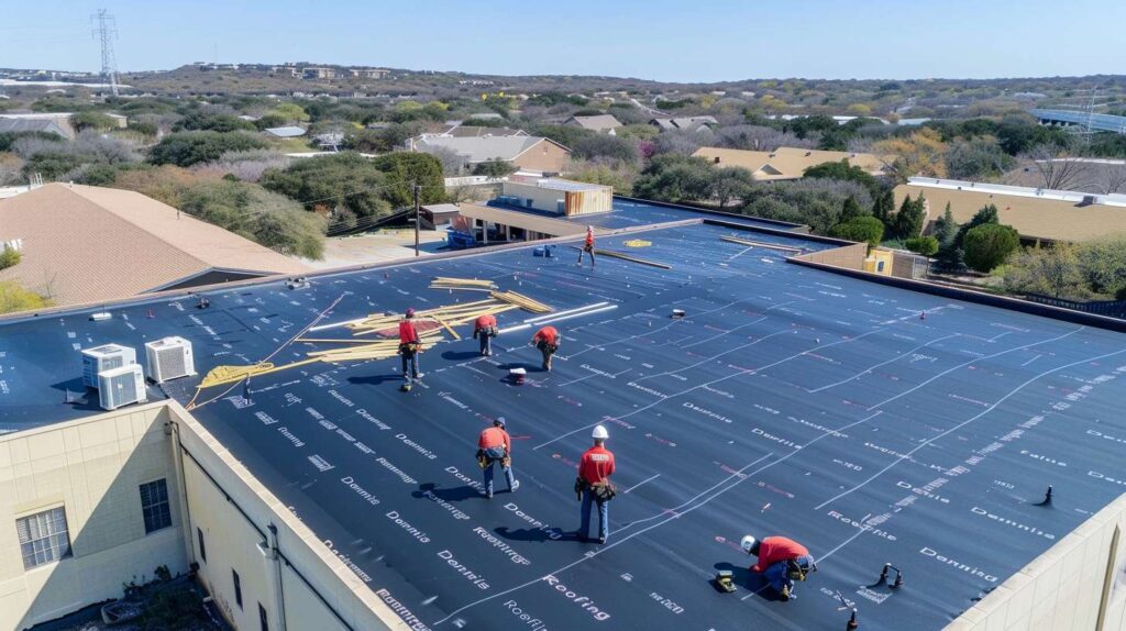 Professional roofer inspecting and repairing shingles on a Clinton Hill residential home
