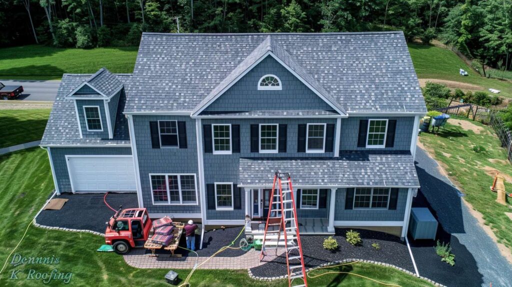 Professional roofers installing new shingles on a Coney Island residential home