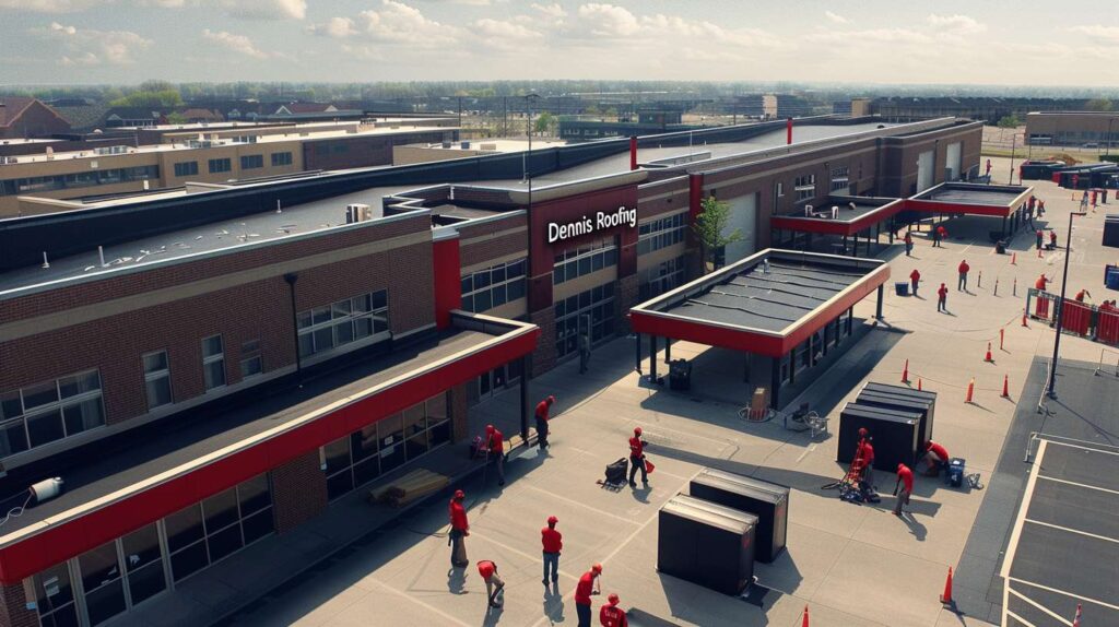 Professional roofer installing flat roofing membrane on Brooklyn commercial building