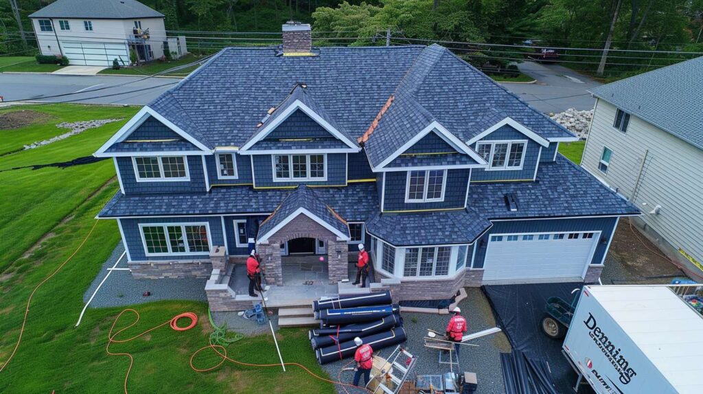 Professional roofing contractor installing shingles on residential home in Fulton Ferry