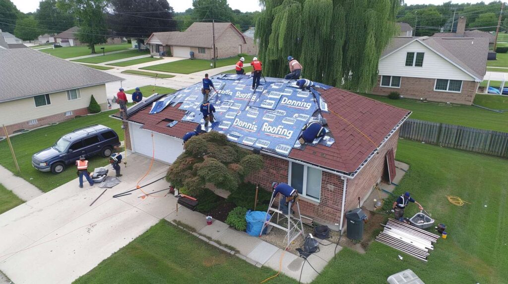 Professional roofer inspecting and repairing a leaking flat roof on a Brooklyn building