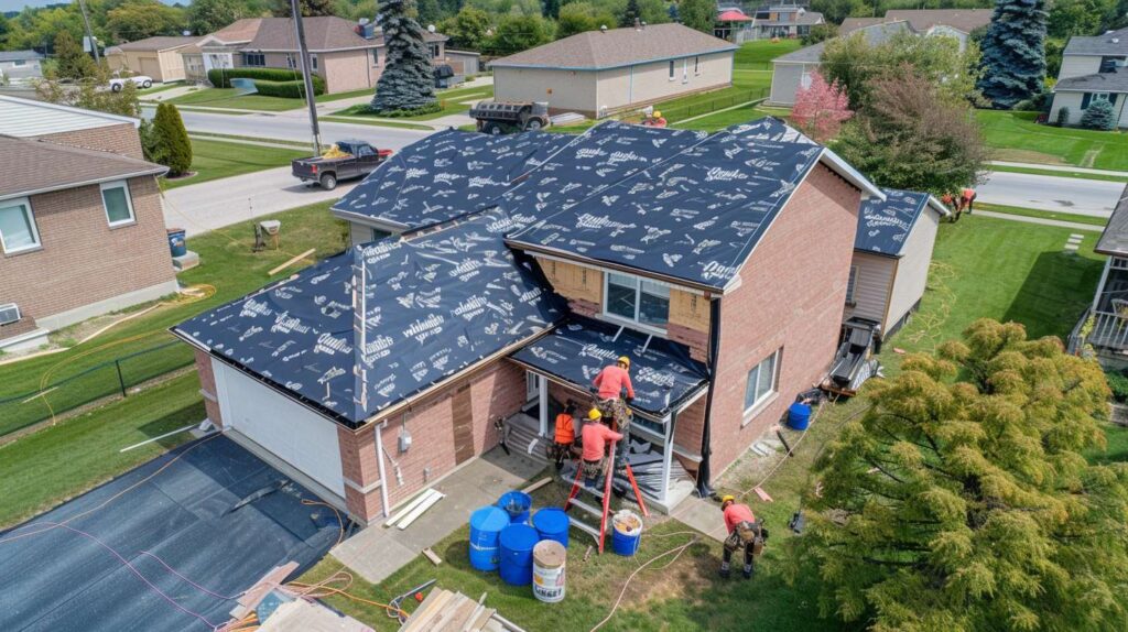 Professional roofer repairing a leaky metal roof on a Brooklyn building
