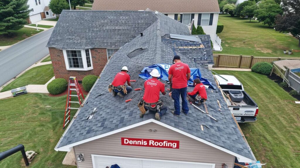 Professional roofers installing new shingles on a Manhattan Beach home under clear blue skies