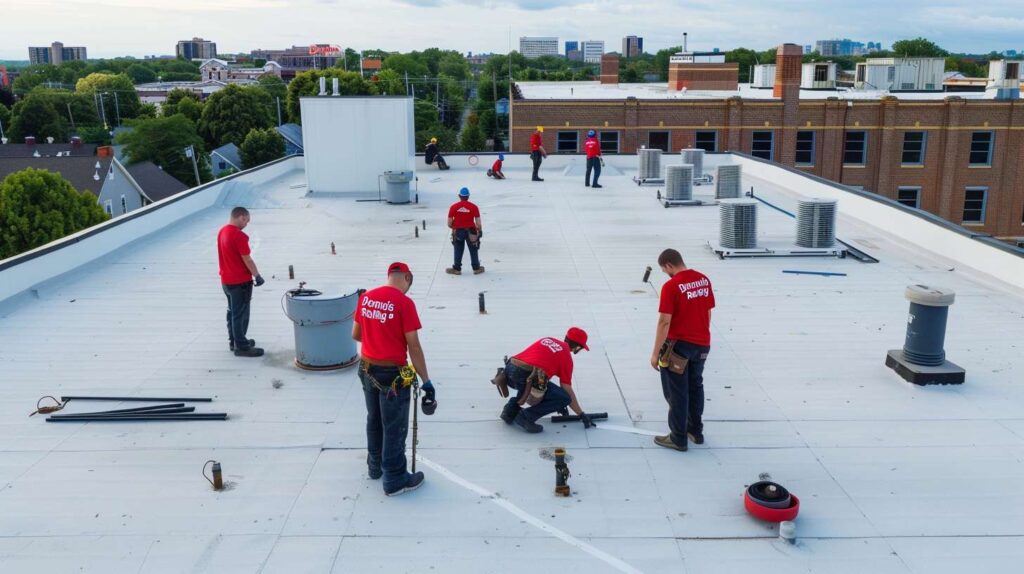 Professional roofers installing shingles on residential home in Navy Yard neighborhood