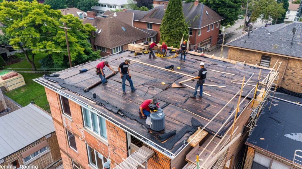 Professional roofer installing new shingles on residential home in Ocean Hill Damaged roof with missing shingles requiring repair services Close-up of quality roofing materials and tools used for replacement Completed roof replacement project on Ocean Hill neighborhood home