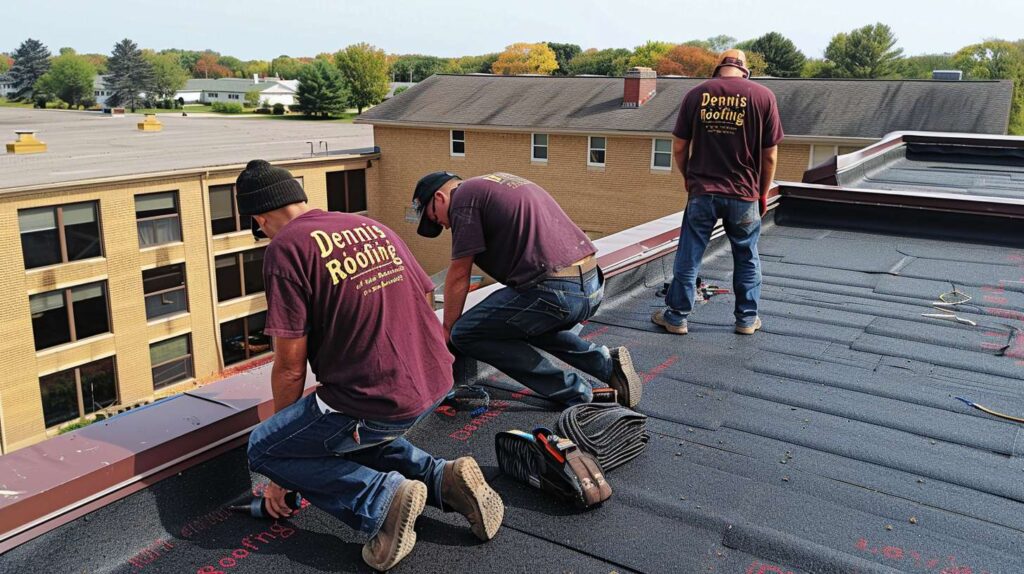 Professional roofer installing new shingles on a Park Slope residential home