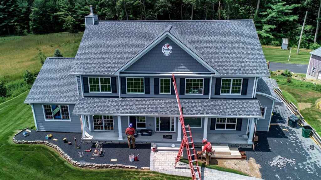 Professional roofer inspecting and repairing a damaged tin roof on a Brooklyn residential home