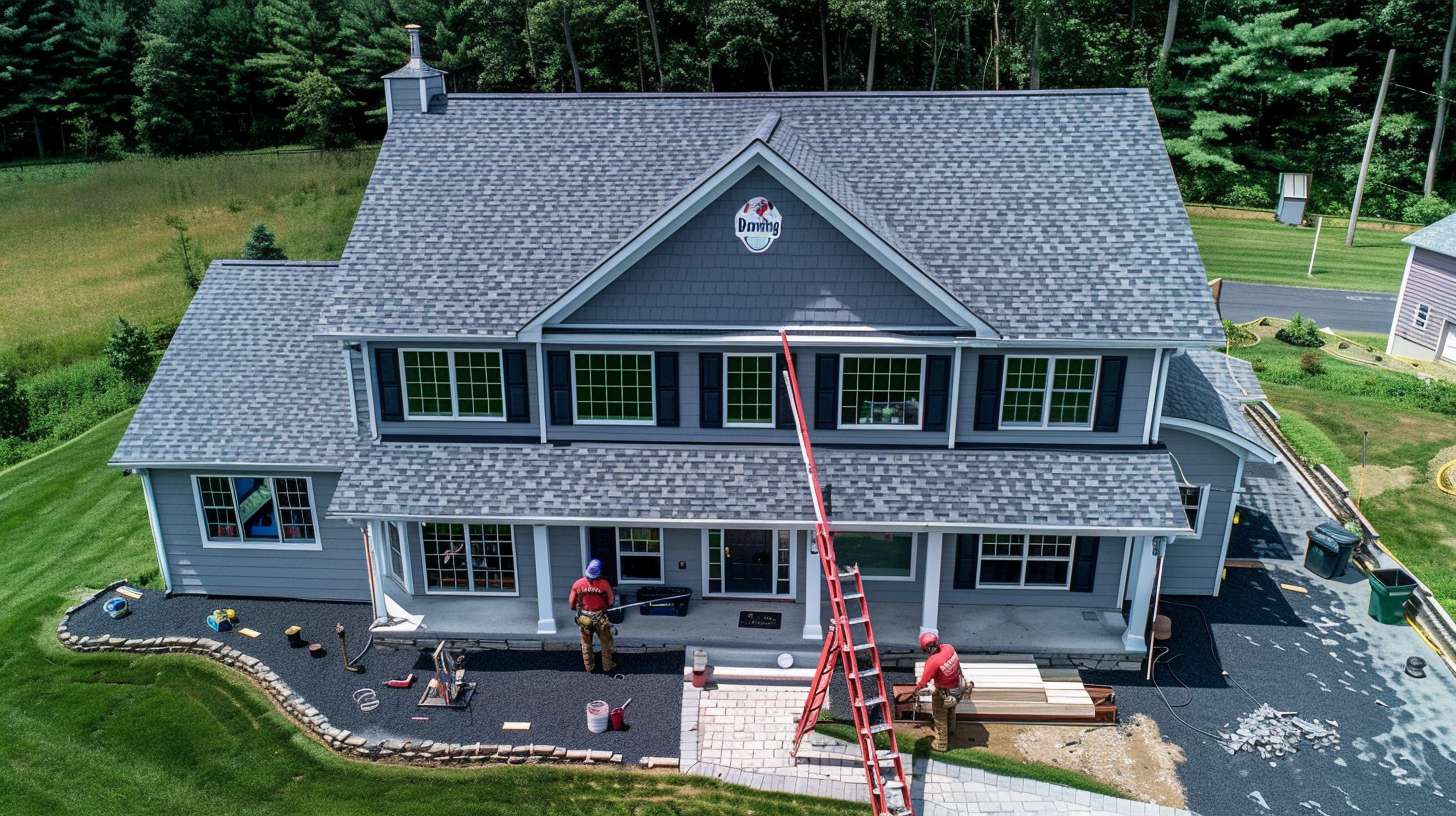 Professional roofer inspecting and repairing a damaged tin roof on a Brooklyn residential home