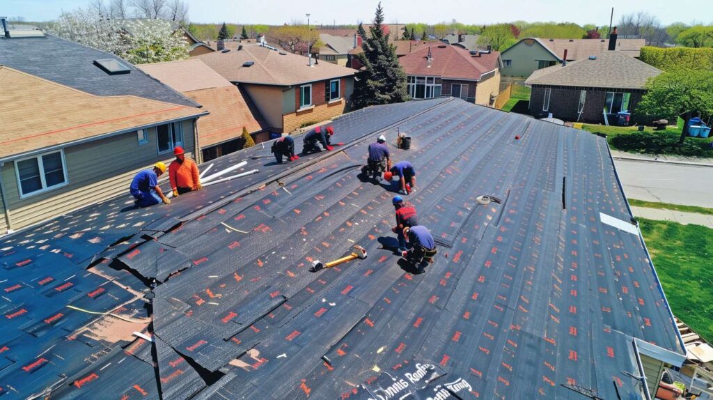 Professional roofing contractor installing shingles on a Bedford-Stuyvesant home