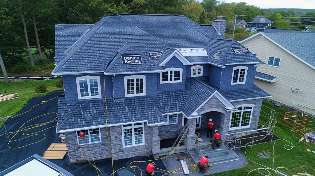 Professional roofer installing shingles on residential home in BoCoCa neighborhood