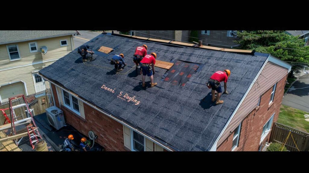 Professional roofers installing new shingles on Fort Greene home