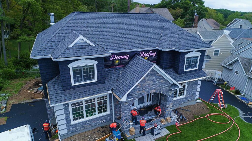 Professional roofer installing new shingles on residential home in Gerritsen Beach Roof repair specialist inspecting damaged shingles and underlayment Complete roof replacement project showing quality craftsmanship and materials Local roofing crew working on Brooklyn home with safety equipment Close-up of premium roofing materials and proper installation technique Satisfied Gerritsen Beach homeowner with newly installed residential roof Emergency roof repair service addressing storm damage and leaks Roofing experts measuring and assessing roof for accurate estimate
