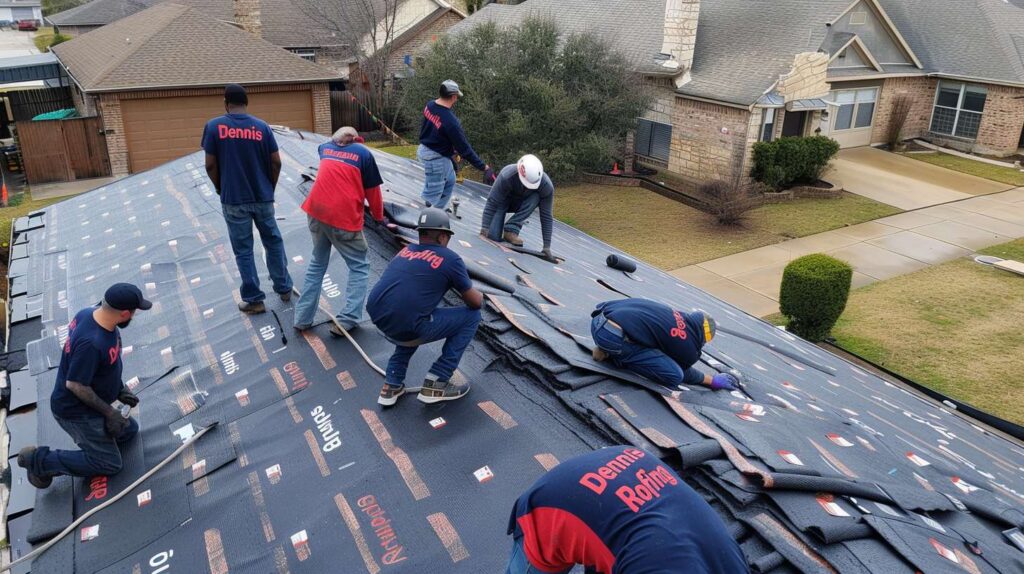 Professional roofers installing new shingles on a residential home in Prospect Heights