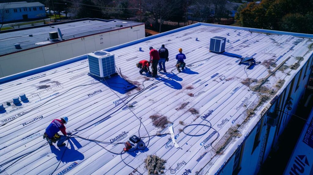 Professional roofer repairing flashing leak on Brooklyn residential roof