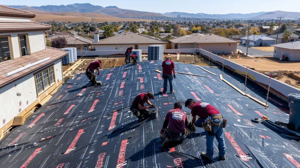 Professional roofers installing new shingles on a Brooklyn home with safety equipment and tools Gutter replacement specialist measuring and installing new seamless gutters on residential property Workers removing old damaged roof materials before installing new roofing system in Brooklyn Close-up of professionally installed rain gutters with downspouts on brick house exterior Roofing crew completing quality inspection of newly replaced residential roof and gutter system