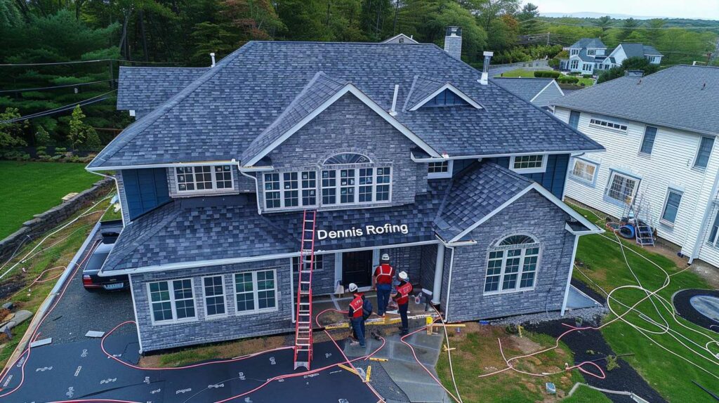 Roofing contractors installing shingles on residential home in Vinegar Hill